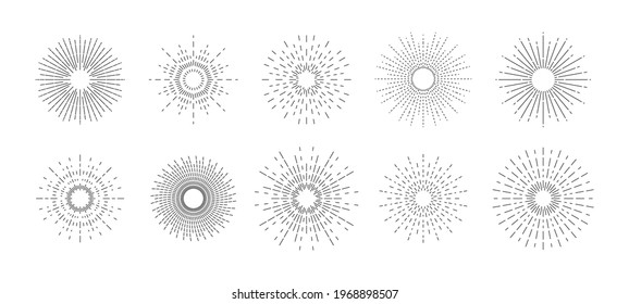 Set of sunbursts. Graphic burst of sunshine light. Star, firework explosion, logo, emblem, tag.