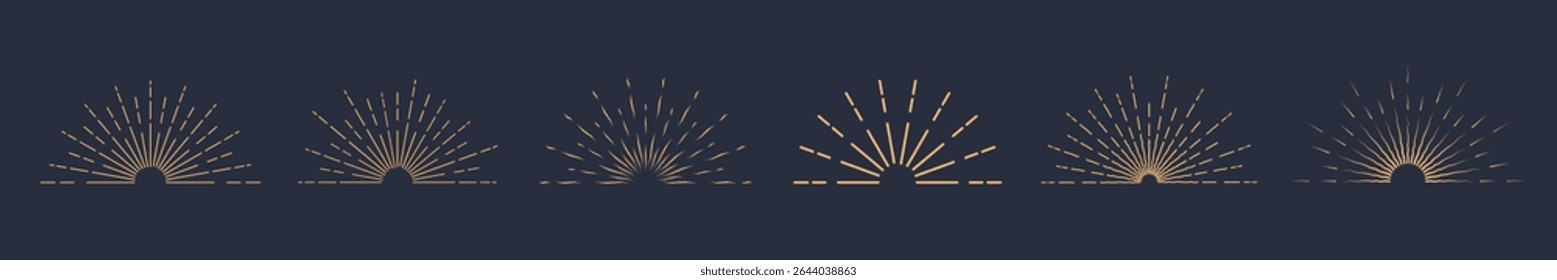 A set of sunbursts and sunsets on a dark blue background. Sunset and sun rays in vintage style. A collection of starbursts, fireworks, logos. Vector EPS 10.