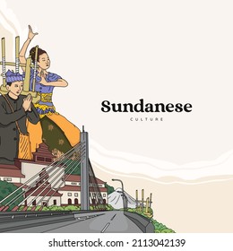 Set Sundanese Illustration. Hand drawn Indonesian cultures background.