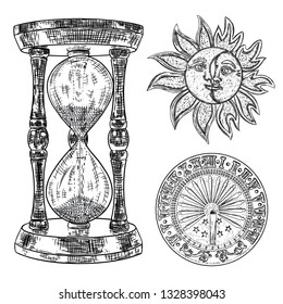 Set of sundial, sun clock, hourglass or sand clock and moon crescent with sun engraving. Hand drawn and isolated. Vector 