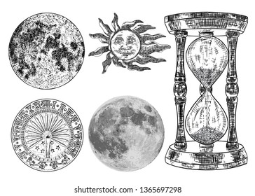 Set of sundial, sun clock, hourglass or sand clock and realistic moon grouped by color textures, with sun engraving. Hand drawn and isolated. Vector 