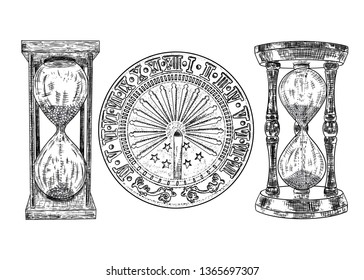 Set Of Sundial Or Sun Clock And Hourglass Or Sand Clock Drawing. Hand Drawn And Isolated. Vector 