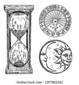 Set of sundial, sun clock, hourglass or sand clock and moon crescent with sun engraving. Hand drawn and isolated. Vector 