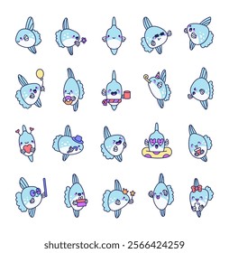 Set of sunfish cartoon characters with kawaii emotions, adorable smiles, marine objects, cheerful themes, expressive animal illustrations for joyful design and creative project ideas