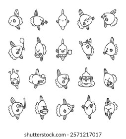 Set of sunfish cartoon characters with kawaii emotions, adorable smiles, marine objects, cheerful themes, expressive animal illustrations for joyful design and creative project ideas