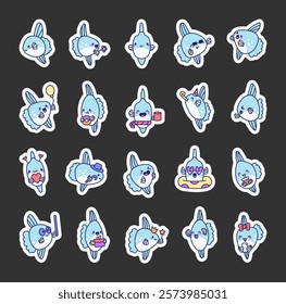 Set of sunfish cartoon characters with kawaii emotions, adorable smiles, marine objects, cheerful themes, expressive animal illustrations for joyful design and creative project ideas