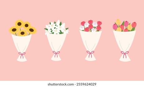 set of sunflower bouquet, white lily bouquet, red and white roses bouquet and colorful tulip bouquet illustration 