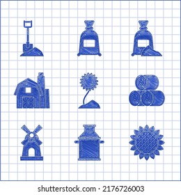 Set Sunflower, Can container for milk, Roll of hay, Windmill, Farm House concept, Bag flour and Shovel the ground icon. Vector