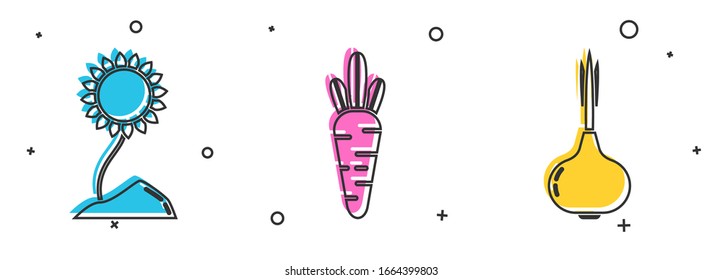 Set Sunflower, Carrot and Onion icon. Vector