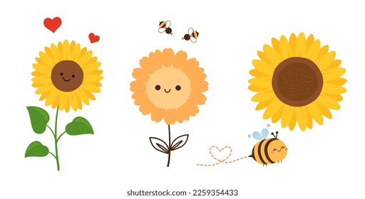 Set of sunflower cartoons, bee and red hearts isolated on white background vector illustration.