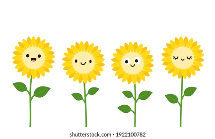 Set of sunflower cartoons with cute face and green leaves icon isolated on white background vector illustration.