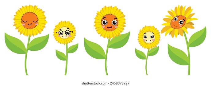 Conjunto de dibujos animados de girasol con diferente expresión