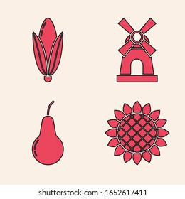 Set Sunflower, Corn, Windmill and Pear icon. Vector