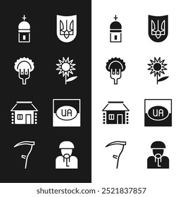 Set Sunflower, Dumplings on fork, Church tower, Ukrainian trident, house, Flag of Ukraine, cossack and Scythe icon. Vector