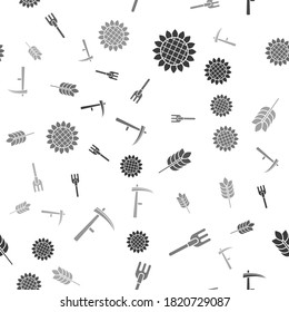Set Sunflower, Garden rake, Cereals with rice, wheat, corn, oats, rye and Scythe on seamless pattern. Vector