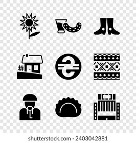 Set Sunflower, Glass with vodka, Ukrainian footwear, cossack, Dumplings, Hotel Ukraina building, house and hryvnia icon. Vector