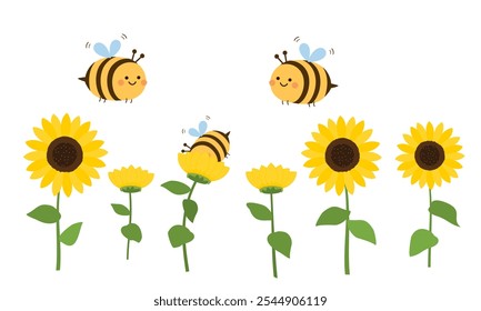 Set of sunflower with green leaves and bee cartoons icon signs isolated on white background vector.