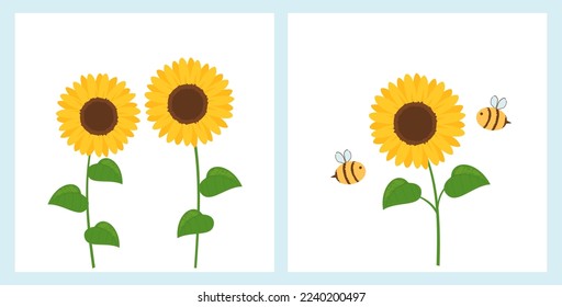 Set of sunflower icon sign, green leaves and bee cartoons isolated on white backgrounds vector illustration. 