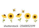 Set of sunflower icon signs and bee cartoons isolated on white background vector.