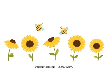 Set of sunflower icon signs and bee cartoons isolated on white background vector.