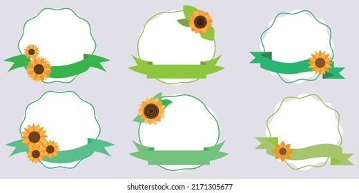 Set of Sunflower Label. Sunflower and ribbon decoration frame collection. Summer flower tag illustration. Vector illustration.