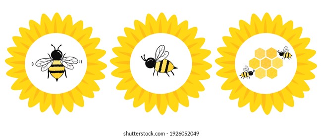 Set of sunflower logo with bee cartoon isolated on white background vector illustration. 