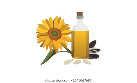 Set sunflower oil, flower, seeds and cereals. Sunflower seed oil in a bottle.Vector illustration with sunflowers and seed oil in a glass bottle.