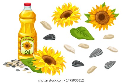 Set sunflower oil, flowers, seeds and leaf. Isolated vector illustration on white background.