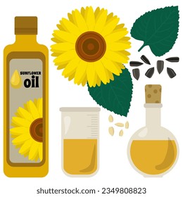 Set of sunflower oil in various utensils and flowers, sunflower seeds, plant elements and derivatives vector illustration