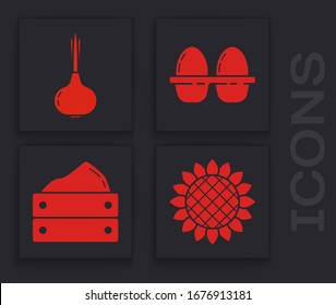 Set Sunflower, Onion, Chicken egg in box and Wooden box with harvest icon. Vector