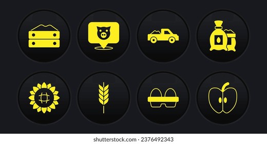 Set Sunflower, Pack full of seeds of plant, Wheat, Chicken egg in box, Pickup truck, Pig, Apple and Bag flour icon. Vector