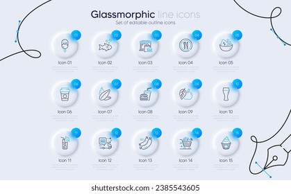 Set of Sunflower seed, Hamburger and Fish line icons for web app. Ice cream, Beer glass, Water glass icons. Food, Salad, Takeaway coffee signs. Cake, Grilled sausage, Apple. Vector