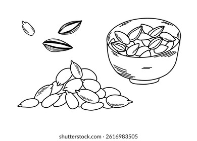 Set with sunflower seeds in a pile and in a cup in a sketch style, line art on a white background