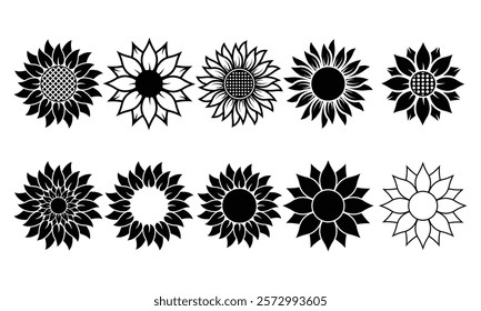 set of sunflower silhouette vector on a white background
