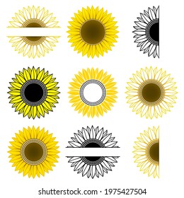 Set of sunflower. Split monogram. Vector paper cut template. Sunflower outline. Flower silhouettes. Isolated on white background. Decorative symboll for card,printing on t-shirt,mug. For your text.