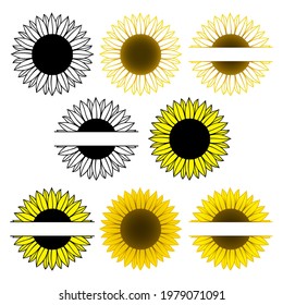 Set of sunflower. Split monogram. Vector paper cut template. Sunflower outline. Flower silhouettes. Isolated on white background. Decorative symboll for card,printing on t-shirt,mug. For your text.