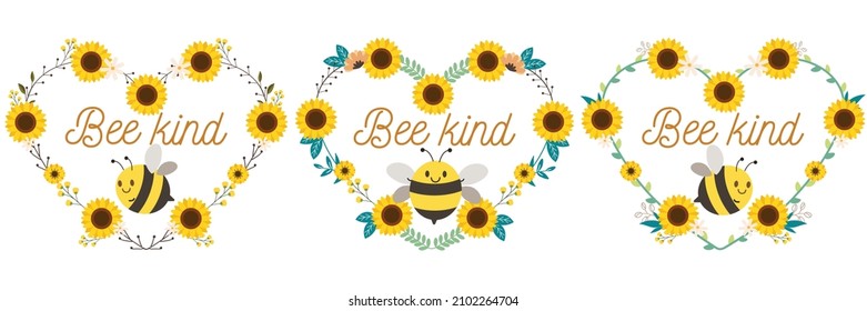 Set of Sunflower wreath and bee with text of beekind in flat vector style. Illustration about love and nature.