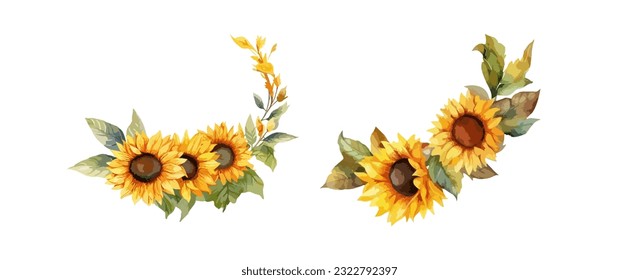 Set of sunflower wreath watercolor isolated on white background. Vintage sun flowers decorative graphic design vector illustration