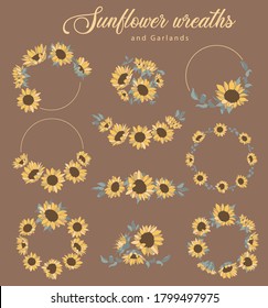 Set of sunflower wreaths, garlands and bouquets.