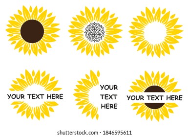 Set of sunflowers with blank text. Collection of stylized sunflowers with letters. Colorful illustration of flowers on white background. Design for t-shirt. Tattoo. 