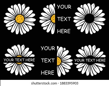 Set of sunflowers with blank text. Collection of stylized sunflowers with letters. Colorful illustration of flowers on white background. Design for t-shirt. Tattoo. 