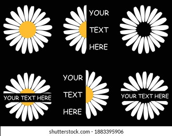 Set of sunflowers with blank text. Collection of stylized sunflowers with letters. Colorful illustration of flowers on white background. Design for t-shirt. Tattoo. 