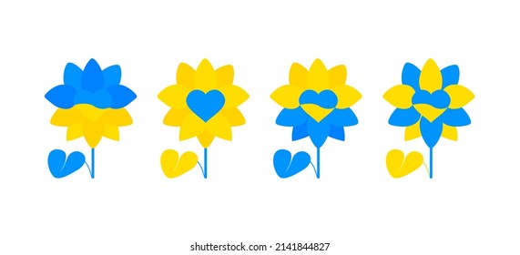 Set of sunflowers colored in Ukrainian flag. Sunflowers collection. Vector illustration