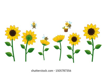 Set of sunflowers with cute cartoon bees isolated on white background. vector illustration