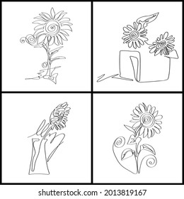 Set of Sunflowers drawn by one line on a white background 