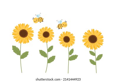 Set of sunflowers with green leaves and bee cartoons isolated on white background vector illustration.