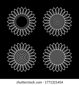 Icono conjunto de girasoles. Ilustración vectorial blanco-negro. Bordes blancos simples. Elementos aislados sobre fondo negro. Para el diseño de banners, decoración, logotipo, etiqueta, pegatinas, tarjetas, impresiones, etc.