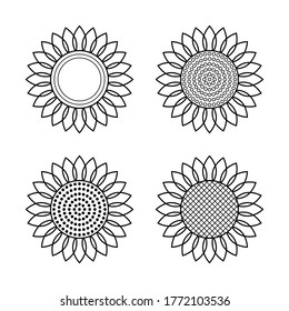 Set of Sunflowers icon. Black-white vector illustration. Black simple outlines. Isolated elements on white background. For the design of banners, decoration, logo, label, stickers, cards, prints, etc.