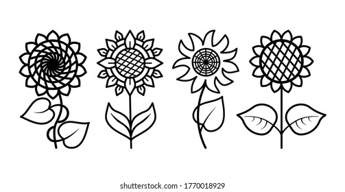 Set of Sunflowers with leaves isolated on white background. Vector floral illustration. Line icons. Botanical summer concept. For cutting, clipart, printing, monogram, tattoo, shirt design.