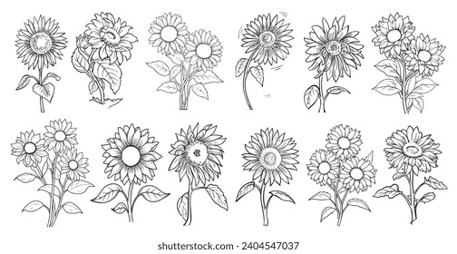 conjunto de girasoles. Estilo de esquema de diseño simple. Puedes darle el color que quieras. Ilustraciones vectoriales. 